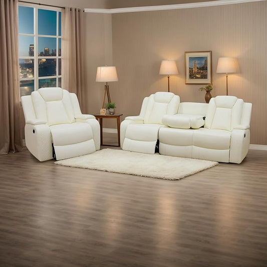 Breathing Leather Power Recliner Sofa Set, 2 Piece Leather Couch and Recliner Chair Set, Living Room Furniture Set with USB Charging/LED Lights (Creamy White, Sofa+Chair)