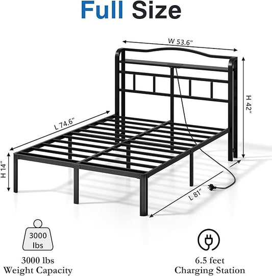 Full Size Bed Frame - Storage Headboard with Charging Station, 14 Inch Sturdy Metal Platform Bed Frame No Box Spring Needed, Easy Assembly, No Noise, Black