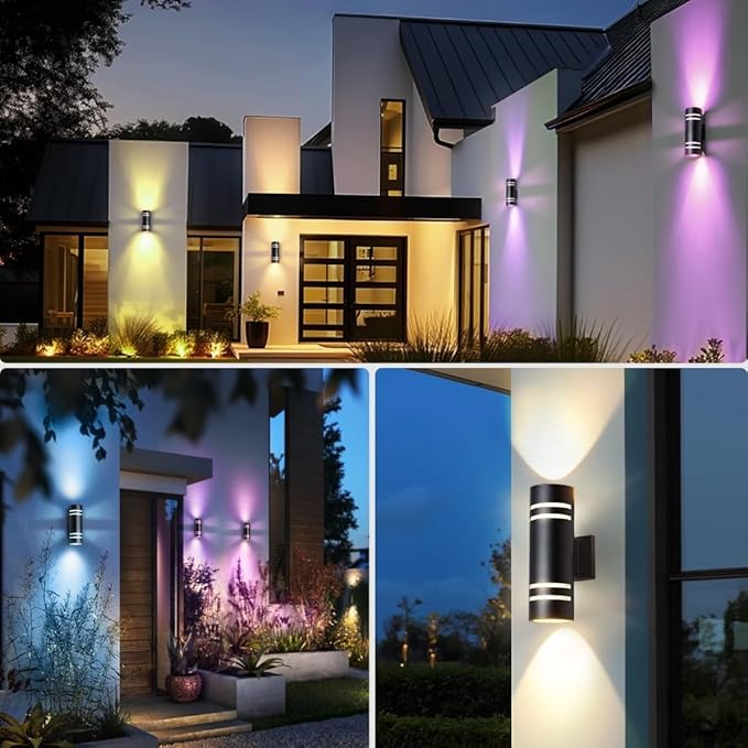 KIZON Smart Porch Lights 2 Pack, Modern Dusk to Dawn Outdoor Wall Lights Color Changing, Dimmable RGB Exterior Sconce Up and Down Light, Outside Lights for House Garage, Works with Alexa