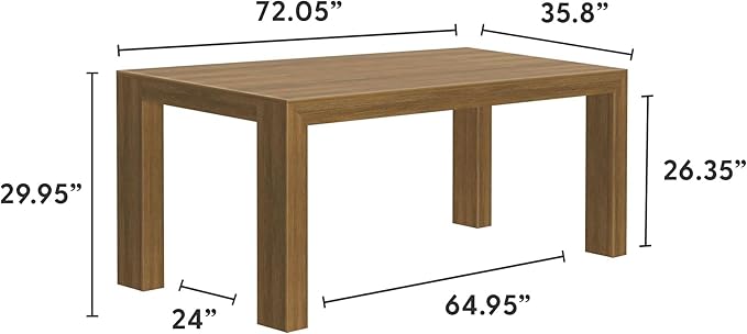 Plank+Beam 72 Inch Modern Solid Wood Dining Table - Solid Pine, Wirebrush Finish, Seats 6, Non-Toxic Finish, Easy Assembly, for Kitchen or Office, Pecan Wirebrush