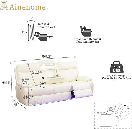 A Ainehome Power Recliner Sofa Couch with LED, Breathing Leather Reclining Couches, Living Room Furniture Sets, Recliner Furniture with Coffee Table/Cup Holders/Charging for Living Room