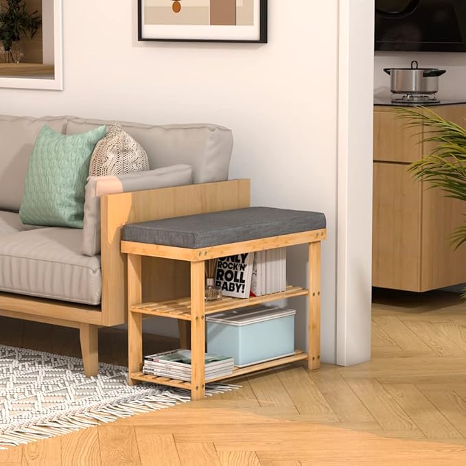Domax Shoe Rack Bench for Entryway - Bench with Shoe Storage Front Door Shoe Bench with Cushion Upholstered Padded Seat 3 Tier Bamboo Shoe Holder for Entry Indoor Entrance Hallway Bedroom Living Room