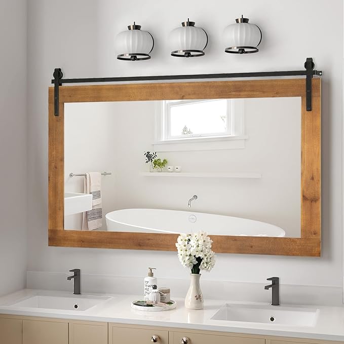 Farmhouse Bathroom Mirror, 40” x 26” Rustic Wood Framed Wall Mirrors, Barn Door Style, Large Rectangle Decorative Wall Mounted Mirror for Bathroom Living Room, Bedroom, Entryway, Brown