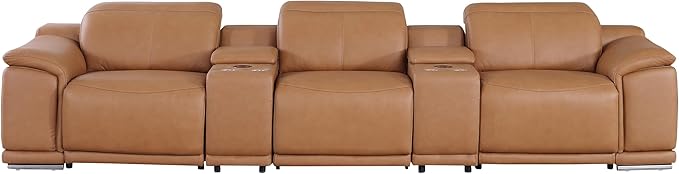 Blackjack Furniture Venice Top Grain Italian Leather Power Recline 8 Piece 5 Seater Sofa - 134" Theater Seating Modern Couch for Living Room Apartment with Adjustable Headrests & USB Port, Cognac