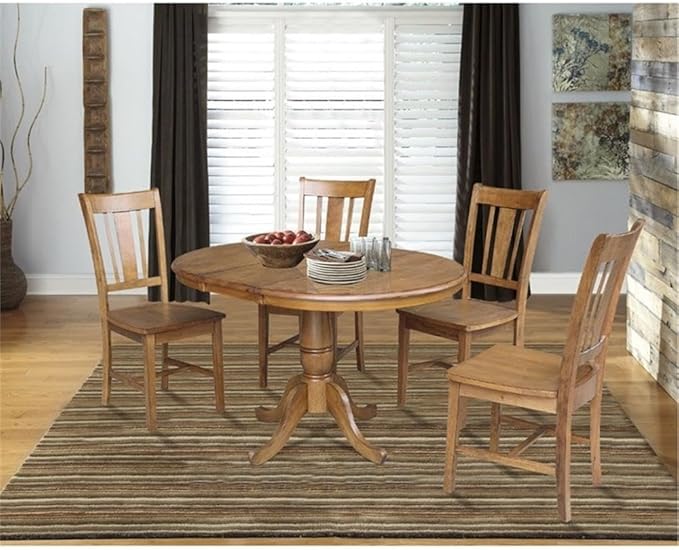 International Concepts 36" Round Top Pedestal Ext Table With 12" Leaf And 4 Rta Chairs, Pecan