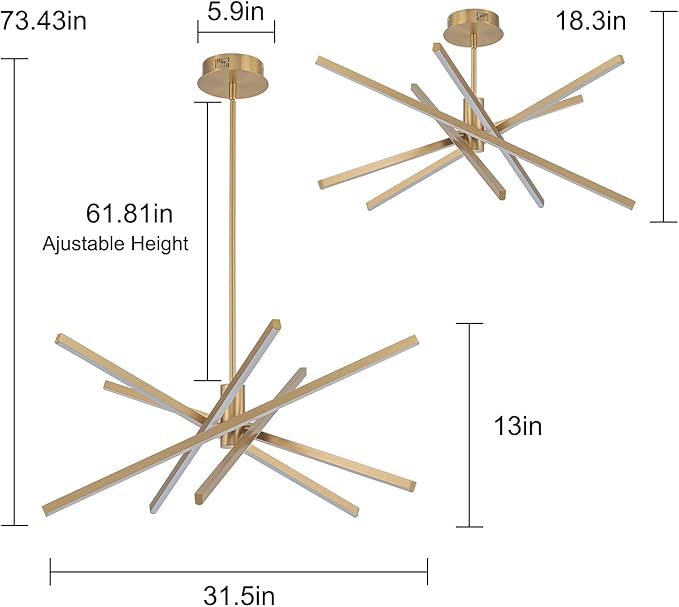 Y'INSP Modern Sputnik Chandeliers 45W LED Gold Sputnik Light Fixture Linear Chandelier Light 5 Lights Pendant Light for Dining Room Foyer Kitchen Island Bedroom Living Room