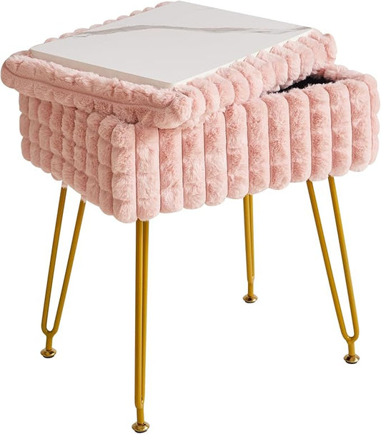 IBUYKE Rectangle Vanity Chair with Storage Space, Footrest Footstool Ottoman, Vanity Stool, Dressing Table Chair, with Anti-Slip Feet, for Makeup Room, Bedroom, Square Grid Pattern, Pink WBD004P