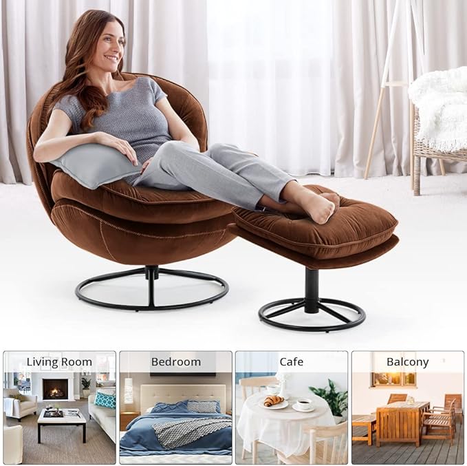 Velvet Swivel Accent Chair with Ottoman Set, Modern Lounge Chair with Metal Base Frame & Footrest, Comfortable Single Leisure Sofa Chair Reading Chair with 360 Degree Swiveling for Living Room, Brown