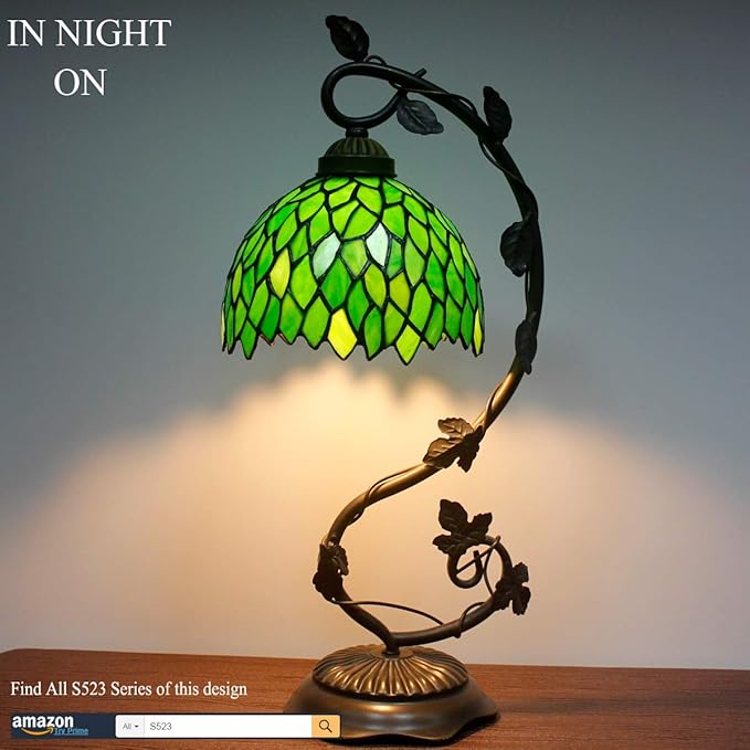 WERFACTORY Tiffany Style Lamp Green Wisteria Stained Glass Table Desk Reading Light, Metal Leaf Base 8X10X21 Inches Decor Small Space Bedroom Home Office S523 Series