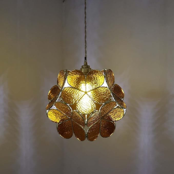 Bieye L11011 Petals Tiffany Style Stained Glass Ceiling Pendant Light for Home Decoration (Textured Amber, 12" Cherry Blossom)