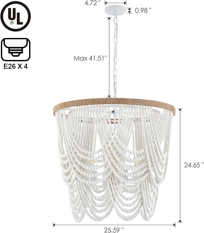 26” Boho Wood Beaded Chandelier Rustic Farmhouse Pendant Light 4-Lights Large Coastal Chandelier for Living Room Dining Room Foyer Entryway Bedroom, Oak White, E26, UL Listed