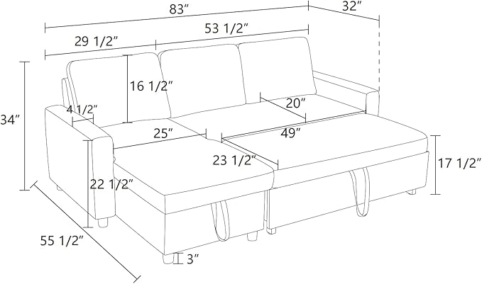 Pull Out Couch, L Shaped Sectional Couch with Pull Out Bed, Convertible Sofa Bed with Storage Chaise, Queen Size Sleeper Sofa, Sofa Bed Couch, Sleeper Sofa with Storage, Dark Gray