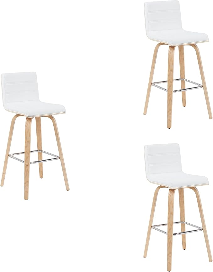 Armen Living Vienna Modern Swivel 30" Bar Height Barstool with White Faux Leather and Patterned Oak Wood Finish