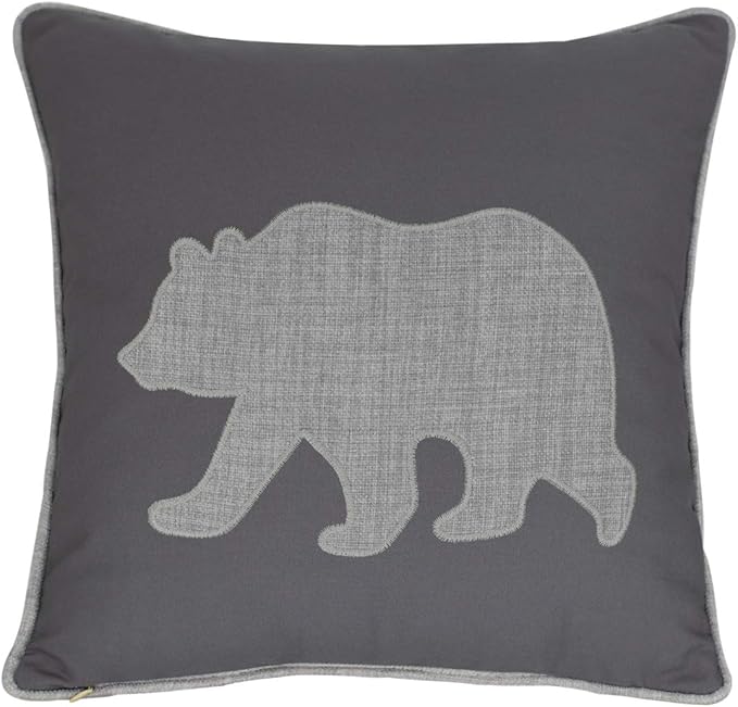 Bear Pillow Covers Decorative Cotton Linen Embroidered Cushions Covers 18x18 Inches (Grey)