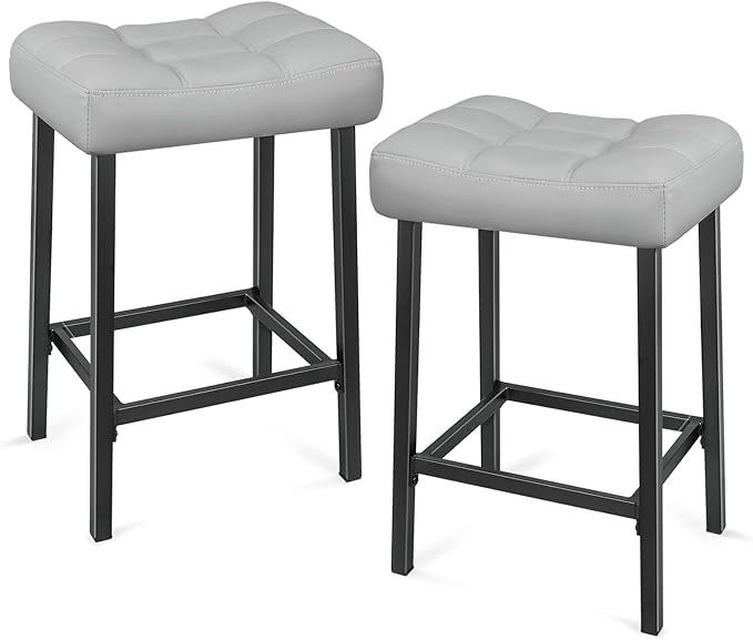 Bar Stools Set of 2, 24 Inch Backless Saddle Bar Stools, Double Needle Upholstered Padded Saddle Metal Stools for Kitchen Counter, Light Grey