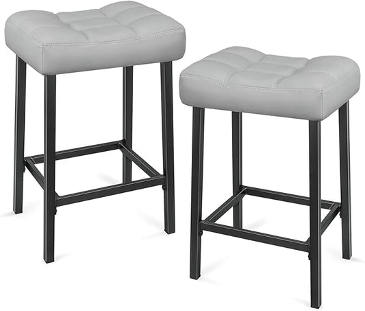 Bar Stools Set of 2, 24 Inch Backless Saddle Bar Stools, Double Needle Upholstered Padded Saddle Metal Stools for Kitchen Counter, Light Grey