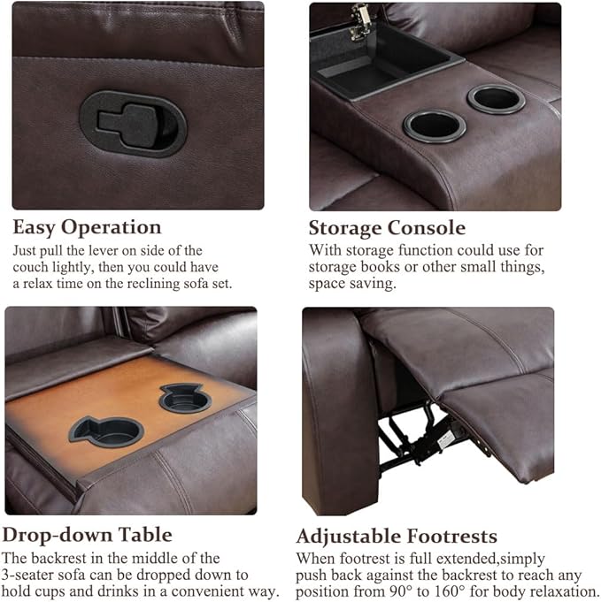 3PCS Recliner Sofa Set Vegan Leather Reclining Couch Set Dekmxas Living Room Furniture Sets Manual Reclining Sofa Set with Cup Holders/Storage Console/Flip Down Table for Home/Office (Brown, 3PCS Set)