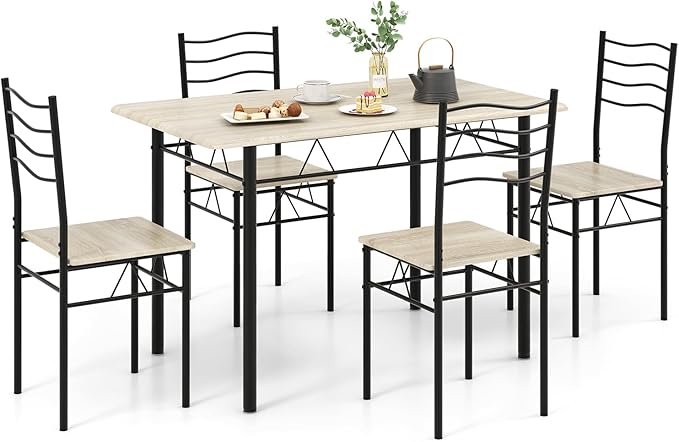 COSTWAY Kitchen Table Chairs Set of 4, 5 Piece Metal Rectangular Dinette Set w/Non-Slip Pad, Space-Saving Design, Modern Dining Room Table Set for Small Place Breakfast Nook Restaurant (Natural)