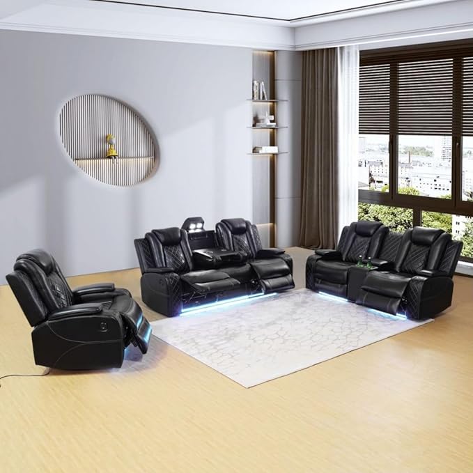 Electric Power Recliner Chair/Loveseat/Sofa Living Room, Comfy Home Theater Breathing Leather Seating with USB 2.0 Charging Ports, LED Light Strips, Fold-Down Table & Cupholders (Black, 3-piece)