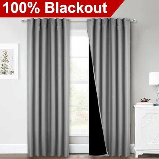 NICETOWN Full Shade Curtain Panels, Pair of Energy Smart & Noise Blocking Out Blackout Drapes for Sliding Glass Door, Thermal Insulated Guest Room Lined Window Dressing (Silver Gray, 52 x 84 inch)