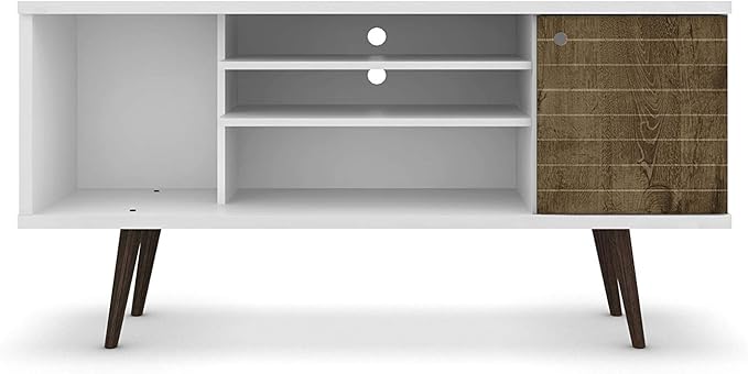 Manhattan Comfort Liberty Mid Century Modern TV Stand for Televisions up to 50 Inches, Bedroom and Living Room Entertainment Center with Storage, Shelves, and Cabinet, 53" Wide, White/Rustic