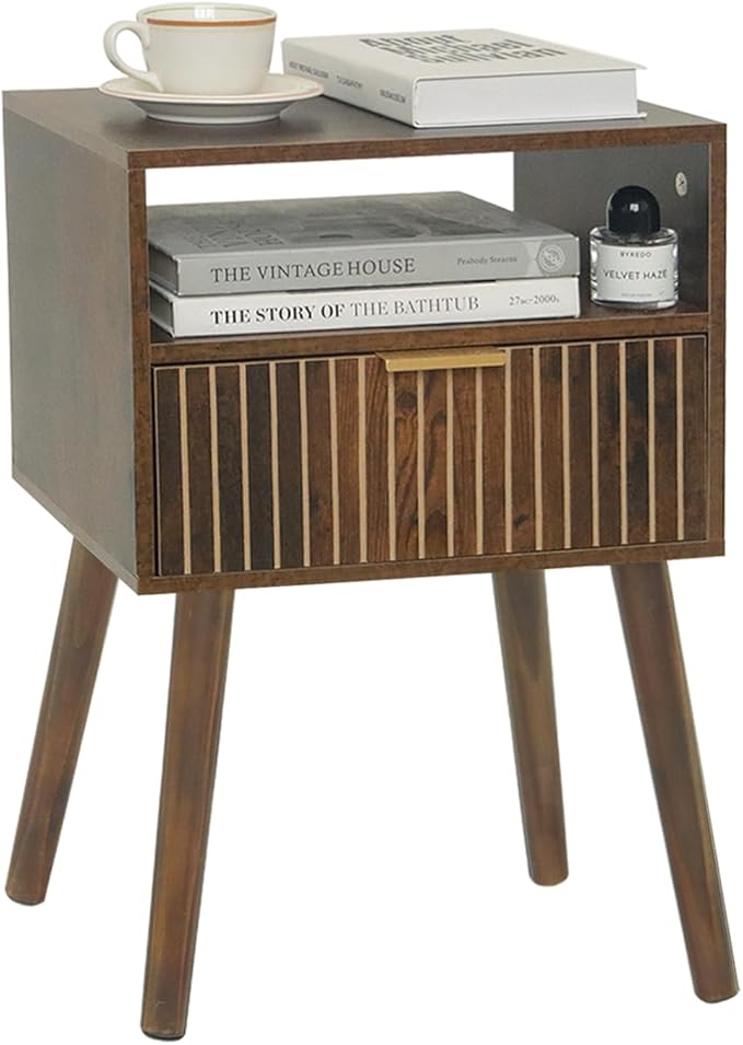 MaxSmeo Small Nightstand with Drawer, Mid Century Modern Bedside Table for Bedroom and Small Spaces, Solid Wood Legs, Easy Assembly, Rustic Brown