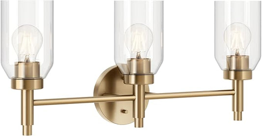 Kichler Madden 3-Light Vanity with Clear Glass in Champagne Bronze, Sloped Ceiling Compatible, for Single Vanity in Bathroom (10.5" x 24"), 55185CPZ