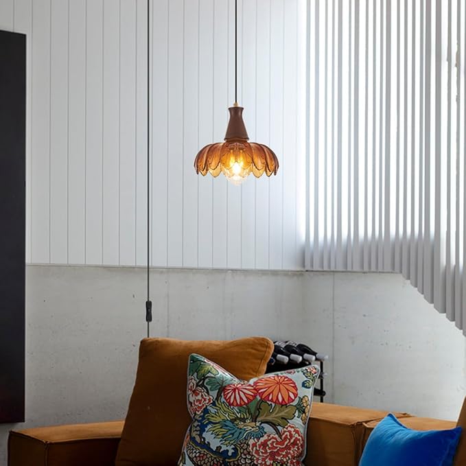 YLONG-ZS Vintage Hanging Lamp Plug in Hanging Light,Modern Flower Glass Pendant Light Plug in Walnut Wood Holder,Hanging Lamps with Pulley for Kitchen Island, Bedroom, Dining Room, Living Room，Corner