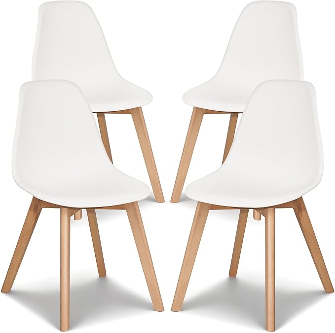 VECELO Dining Chairs Set of 4, Mid-Century Modern Kitchen & Dining Room Chairs, Molded Plastic Seat & Back, Solid Wood Legs, Armless, Non-Slip Feet, White