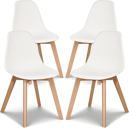 VECELO Dining Chairs Set of 4, Mid-Century Modern Kitchen & Dining Room Chairs, Molded Plastic Seat & Back, Solid Wood Legs, Armless, Non-Slip Feet, White