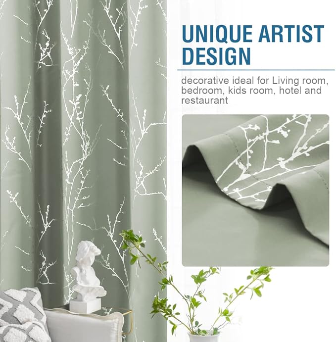 H.VERSAILTEX Blackout Curtains for Bedroom Foil Print Twig Tree Branch Thermal Insulated Grommet Curtain Drapes Light Blocking Thick Soft Window Curtains for Living 52 x 63 Inch, 2 Panels, Sage