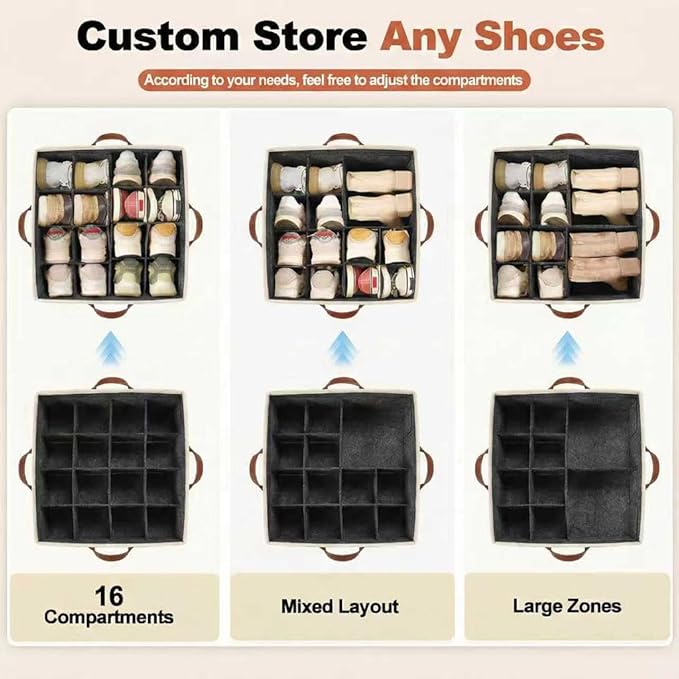 Shoe Organizer for Closet, Foldable Shoe Rack with Clear Cover, Adjustable Dividers for 16 Pairs, Storage Cubby for Wardrobe, Grey & Black