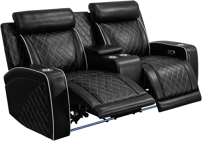 Breathing Leather Power Reclining Loveseat, Living Room Furniture with 2 Recliners, 2-Seater Leather Couch with Storage Console/Cup Holders for Home/Office (Black New, Loveseat)