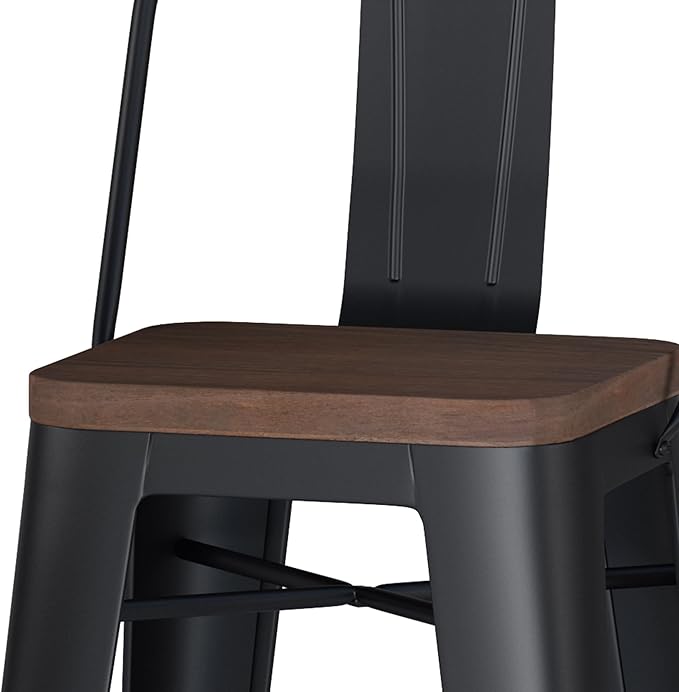 SIMPLIHOME Rayne Bar Stools (Set of 2) - 30 inch Seat Height Metal and Wood Chairs in Black, Industrial Seating for Kitchen or Bar with Curved Back, Footrest, and Elm Wood Seat