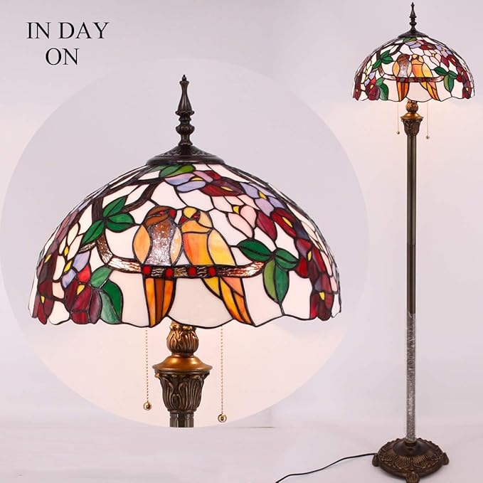 WERFACTORY Tiffany Floor Lamp Double Tropical Birds Stained Glass Standing Reading Light 16X16X64 Inches Antique Pole Corner Lamp Decor Bedroom Living Room Home Office S803 Series