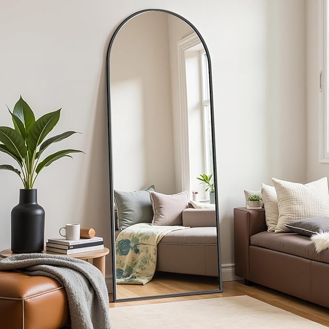 58"x18" Arched Full Length Mirror - Wall/Floor Mounted with Stand, Shatter-Proof Glass & Aluminum Frame, Large Body Mirror for Bedroom, Living Room, Entryway or Cloakroom, Black