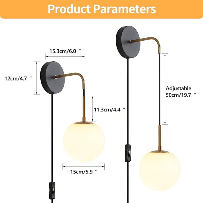 Plug in Wall Sconces Set of 2 Black and Brass Gold Wall Sconces Set of Two Plug in Hanging Wall Lamp with Plug in Cord with Globe White Glass Shade Vintage Wall Lights with Switch for Bedside