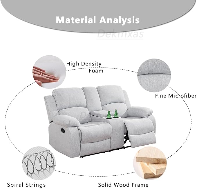 Modern Fabric Recliner Loveseat Living Room Furniture Manual Reclining Couch 2 Seater Reclining Sofa with Cup Holders & Middle Storage Console for Home/Office/Rv Car (Grey White, Loveseat)