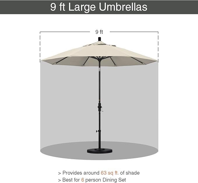 California Umbrella 9' Round Aluminum Pole Fiberglass Rib Market Umbrella, Crank Lift, Collar Tilt, White Pole, Antique Beige Olefin