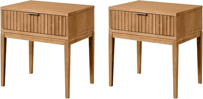 Nathan James Jasper Mid-Century Modern Nightstand, Side Table with Storage and Fluted Drawer Doors with Brass Handles, Natural Brown, Set of 2