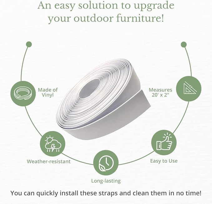 Vinyl Strap Roll, Perfect for Patio Furniture, Pool, Lawn, Garden, Make Your Own Replacement Straps, 20 Free Fasteners, 2" Wide x 20' Length, White