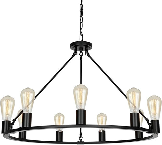 9-Lights Farmhouse Chandelier | Dia 32'' Black Wagon Wheel Chandelier | Rustic Hanging Dining Room Light Fixture | Apply to Living Room | Kitchen Island | Entryway | Foyer