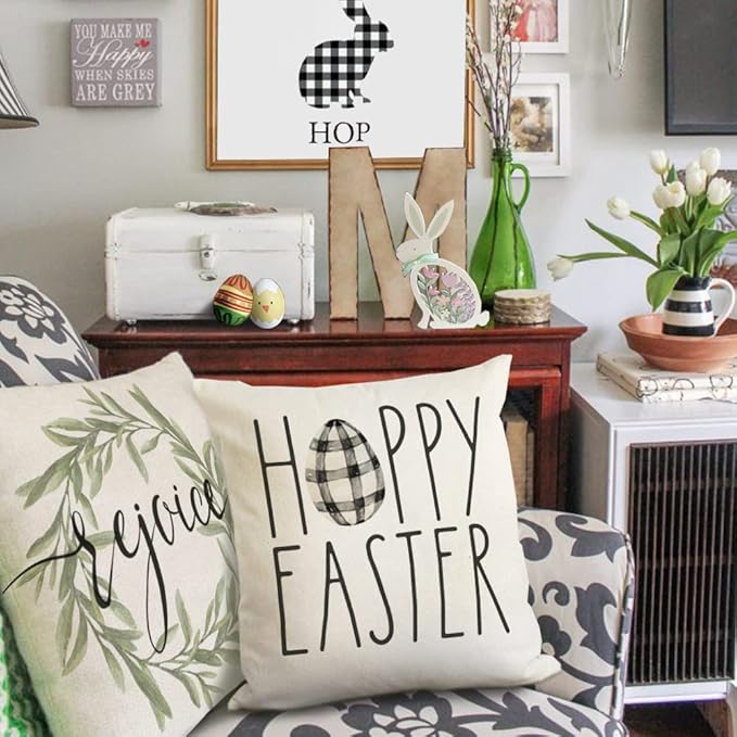 GEEORY Easter Pillow Covers 20x20 Set of 4 Easter Decorations for Home He is Risen Floral Pillows Bunny Easter Buffalo Plaid Eggs Decorative Throw Pillows Spring Easter Farmhouse Decor