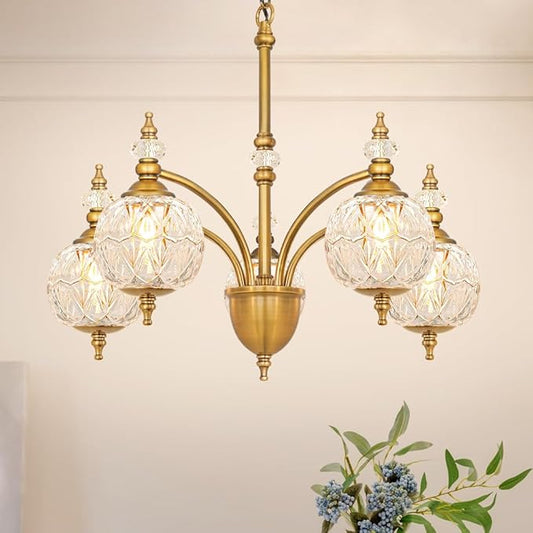 Vintage Brass Chandelier - Adjustable Height Dining Room Light Fixture with Handcrafted Blown Glass - 5-Light E26 Base, Ideal for Kitchen, Entryway, Bedroom, Enhances Luxury Home Decor for Discerning