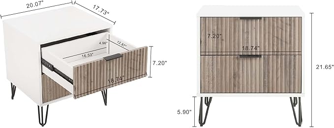 Manhattan Comfort Dumbo Fluted Nightstand with 2 Drawers, Gold Metal Legs and Metal Handles, Tool-Free Assembly Modern Bedside Accent Table with Storage for Bedroom, Living Room in White & Rustic Grey