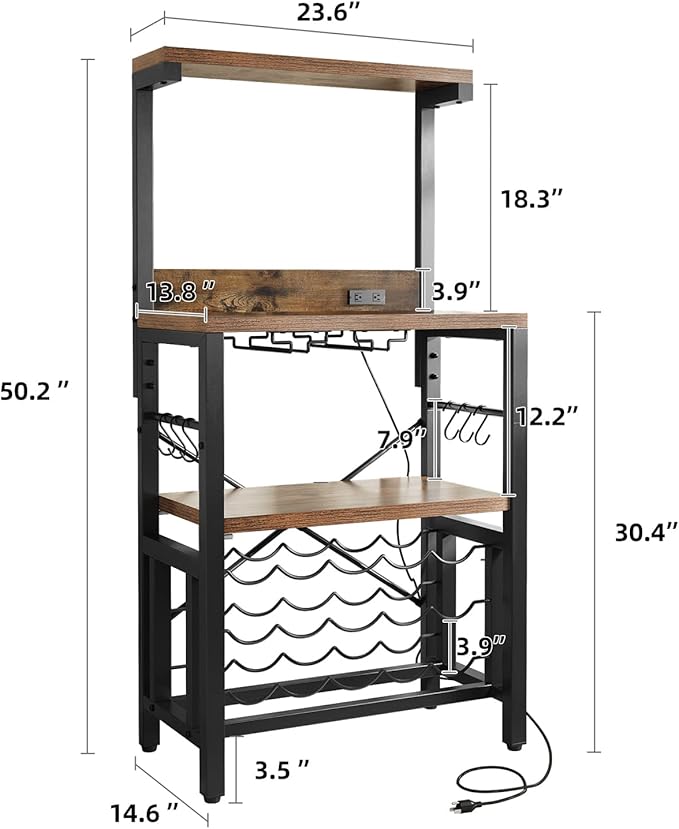 YITAHOME Kitchen Microwave Bakers Stand with Wine Rack, Wine Rack Freestanding Floor Small Storage Shelves for Liquor Bottle Glasses Power Outlet Farmhouse Coffee Bar 31 Inch, Rustic Brown