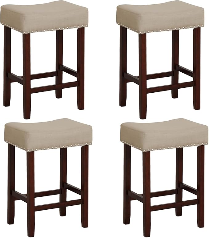 ERGOMASTER Bar Stools, 24 Inch Modern Saddle Stools, Rubber Wood, Khaki/Brown, Set of 4
