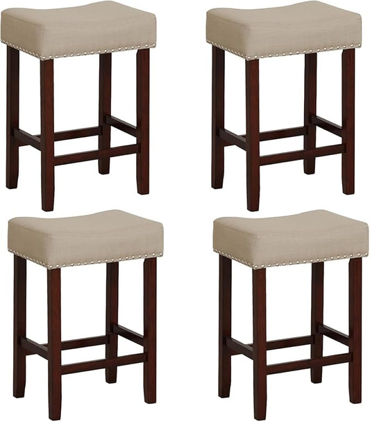ERGOMASTER Bar Stools, 24 Inch Modern Saddle Stools, Rubber Wood, Khaki/Brown, Set of 4