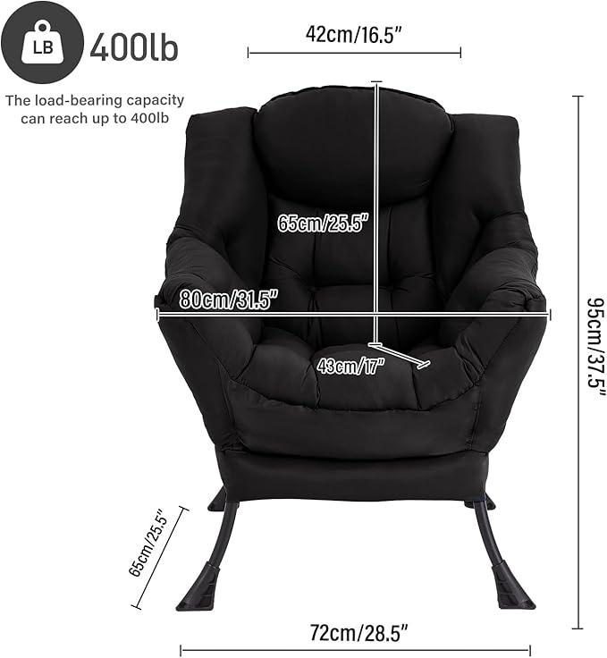 Lazy Chair, Large Accent Chair, Modern Comfy Armchair, Black Chair for Living Room Bedroom Dorm Room Office Apartment Reading Relaxing Use