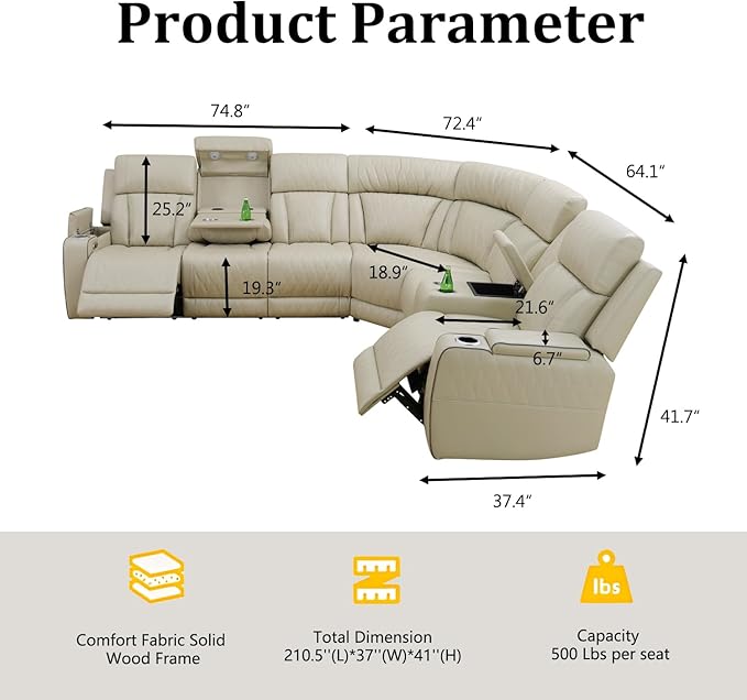 Power Recliner Sectional Sofa with LED Lighting, Breathing Leather Corner Couch with USB Port and Storage Console, Cup Holders, Reading Light – Home Theater & Living Room Seating (Beige)
